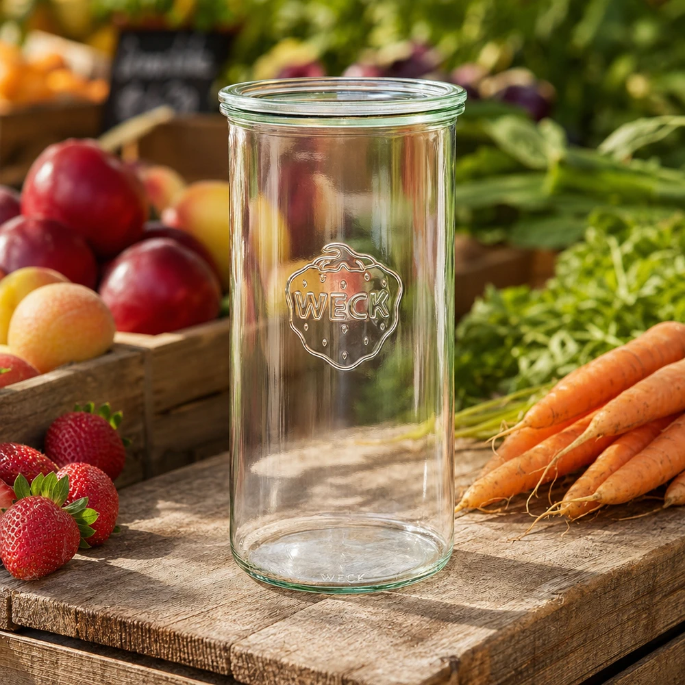 1500ml Sturzglas mit Glasdeckel WECK RR100 WECK Sturzglas 1500ml RR100 auf Holzbrett mit frischem Obst Gemüse Erdbeeren Karotten natürliche Küchendeko