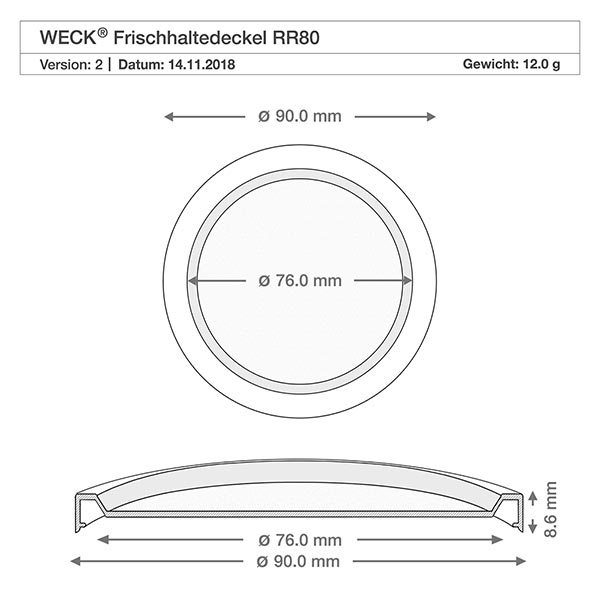Barattolo decorativo da 560 ml con coperchio ermetico WECK RR80 Disegno tecnico del coperchio di freschezza WECK RR80 con dimensioni 90 mm e 76 mm di diametro per vaso cilindrico da 1040 ml