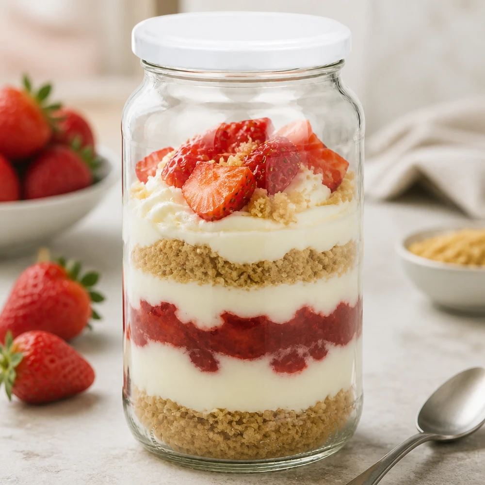 1062ml Rundglas mit BasicSeal Deckel weiß UNiTWIST 1062ml Rundglas BasicSeal Deckel weiss mit Erdbeer-Dessert Schichtdessert Tiramisu Glas Nachtisch Vorratsglas