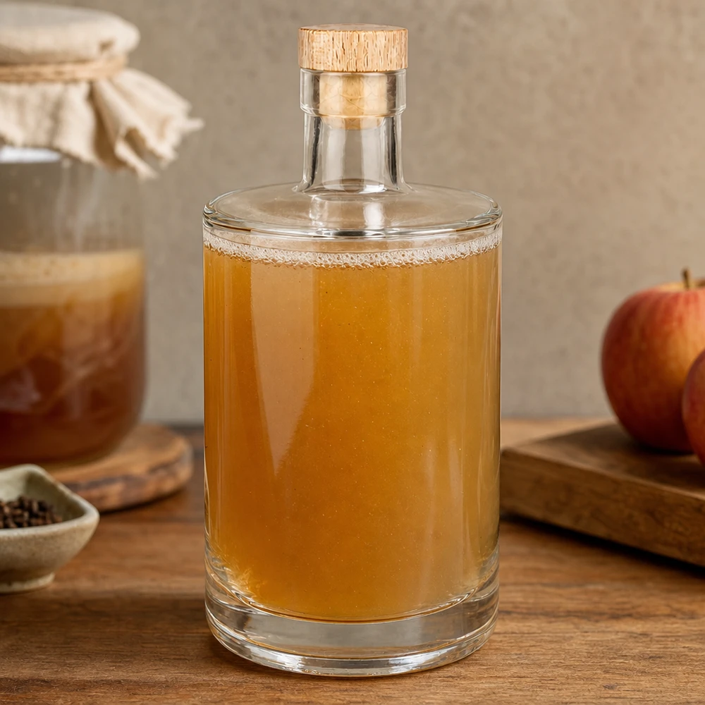 Bottiglia in vetro da 700 ml Marie con tappo in sughero con impugnatura in legno UNiTWIST® 700ml Glasflasche Marie mit Holzkorken gefüllt mit goldbrauner Flüssigkeit in gemütlicher Küche neben Apfel und Gewürzen