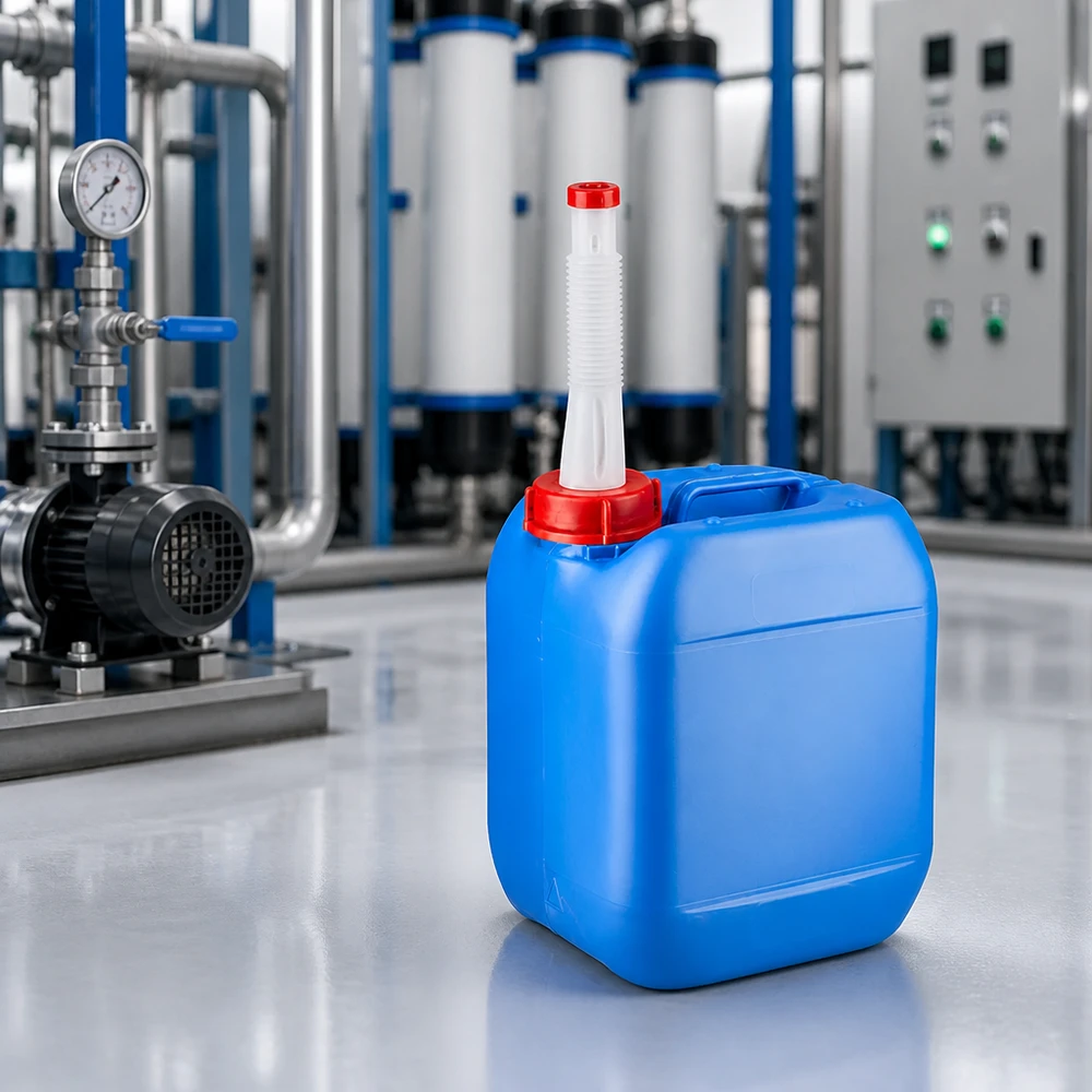 Bidon 5 litres bleu avec tube de vidange Flex Bidon portable de 5 litres, de couleur bleue, muni d'un bec verseur flexible, devant une station de traitement des eaux industrielle
