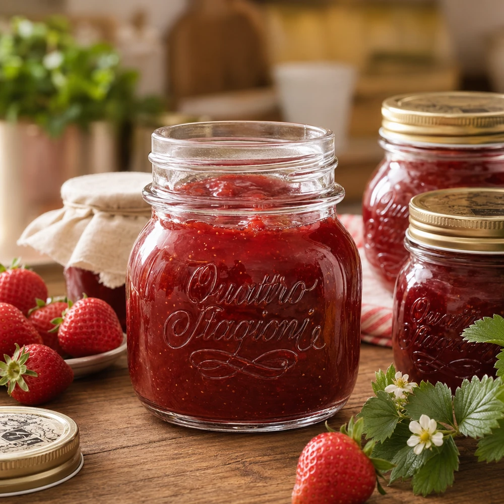 Barattolo da 150ml "Quattro Stagioni" Barattolo casalingo Quattro Stagioni da 150 ml pieno di marmellata di fragole accanto a fragole fresche su un tavolo di legno