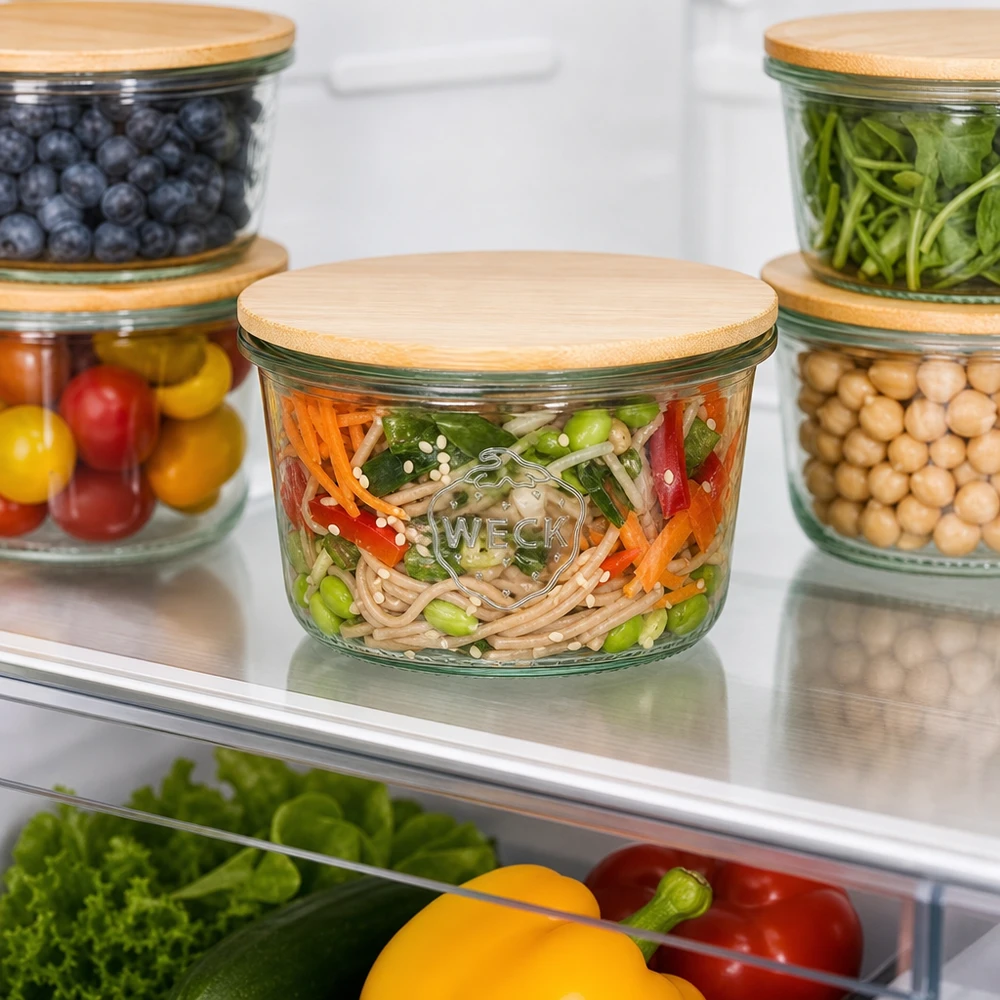 80ml Sturzglas WECK RR60 mit Holzdeckel WECK Sturzglas 80ml RR60 mit Bambusdeckel Kühlschrank Meal Prep Vorratsorganisation Gemüse Nudeln frisch halten