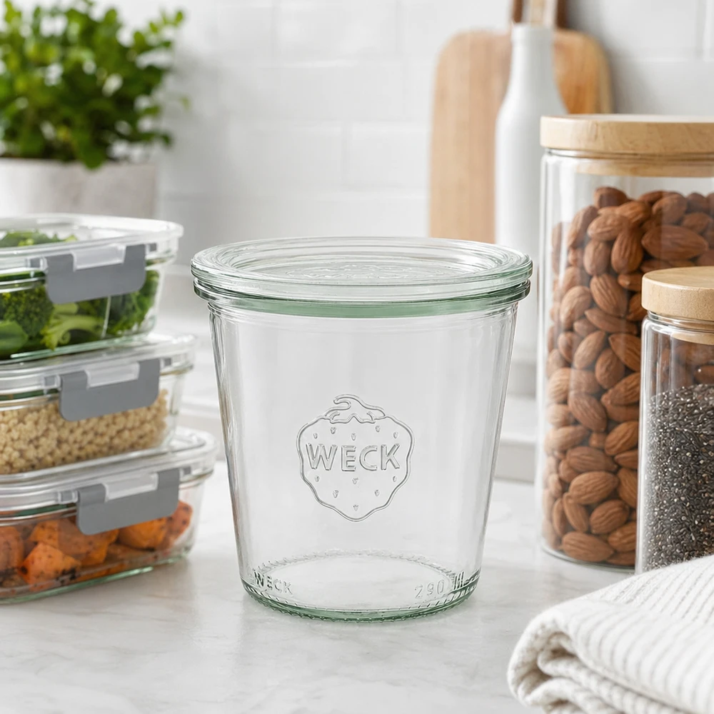 290ml Sturzglas hoch mit Glasdeckel WECK RR80 WECK Sturzglas 290ml RR80 in moderner Küche mit Aufbewahrungsgläsern für Nüsse und Lebensmittel