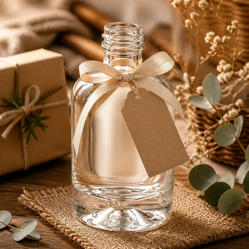 Bottiglia in vetro da 40 ml Sara decorata con fiocco e etichetta regalo senza tappo per i regali