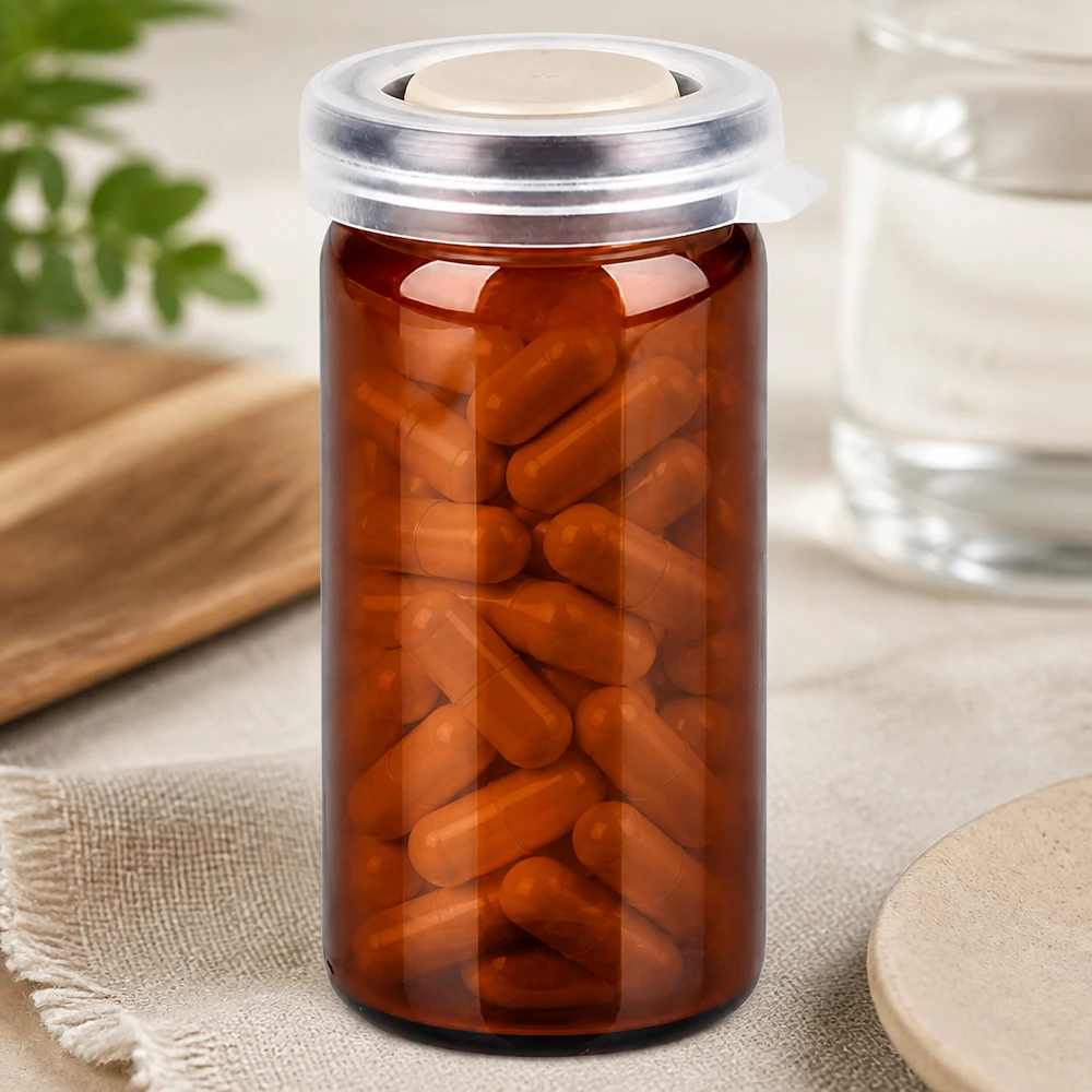 Tabletten/Rollrandglas 10ml braun mit Schnappdeckel Zylindrisches Pillenglas 10ml mit durchsichtigem Deckel und dicht gepackten Kapseln
