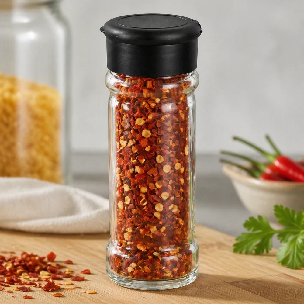 Pot à sel/épices 100 ml avec saupoudreuse, noir Schlankes Glasgefäß 100ml mit schwarzem Streuer für Chiliflocken in modernem Küchenambiente