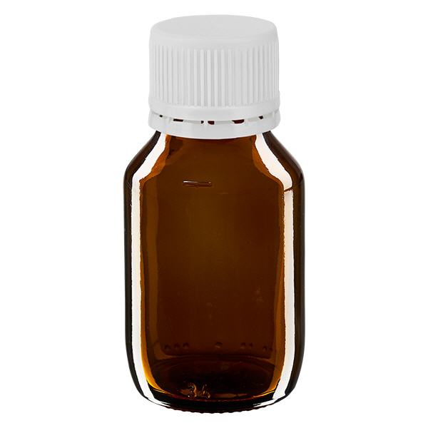 Flacone per medicinali da 50 ml marrone, tappo bianco con chiusura antimanomissione Flacone per medicinali da 50 ml marrone, tappo bianco con chiusura antimanomissione
