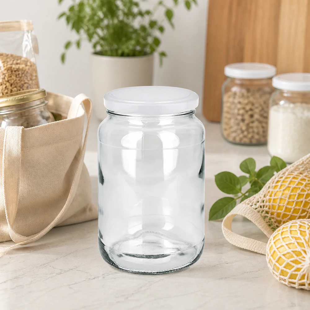Barattolo rotondo da 1700 ml con coperchio BasicSeal in cucina sostenibile a rifiuti zero con sacchetti in rete e barattoli di stoccaggio