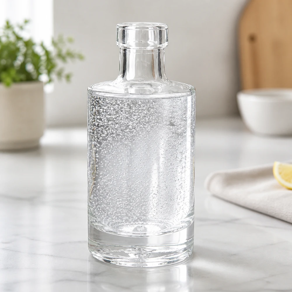 Bottiglia di vetro da 200 ml Marie riempita di acqua gassata sul bancone di marmo moderna cucina bottiglia d'acqua scenario di stile di vita