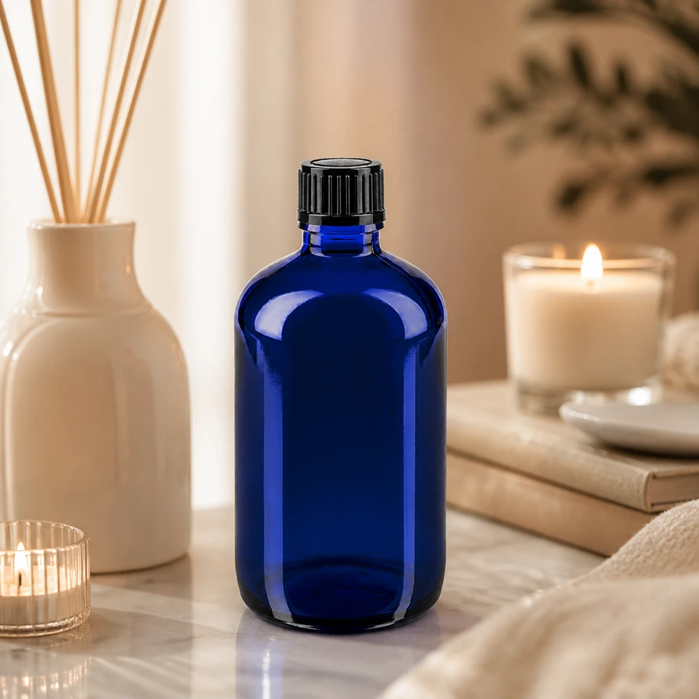 Apothekenflasche blau 100ml Schraubverschluss schwarz Standard UV-Schutz Apothekerflasche blau 100ml ideal für ätherische Öle und Naturkosmetik
