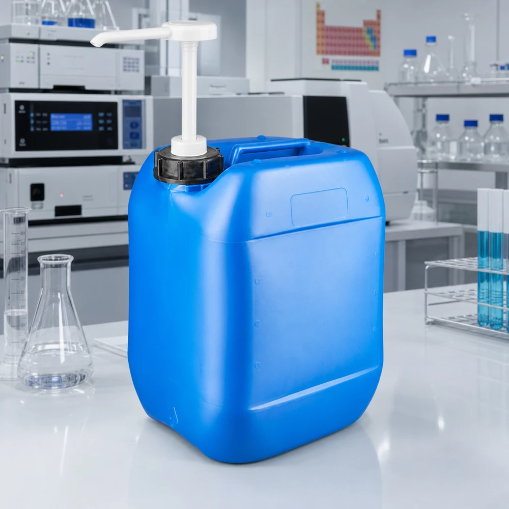 Kanister 10 Liter blau mit Dosierpumpe Blauer 10L Kanister mit weißem Pumpspender neben Erlenmeyerkolben und Reagenzgläsern