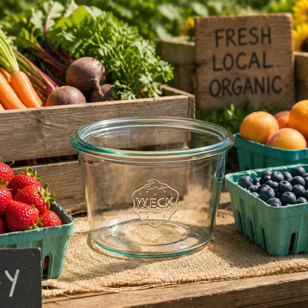 Bicchieri da 370 ml WECK RR100 Bicchieri WECK da 370 ml RR100 su un tavolo di legno con frutta fresca biologica fragole mirtilli e verdure