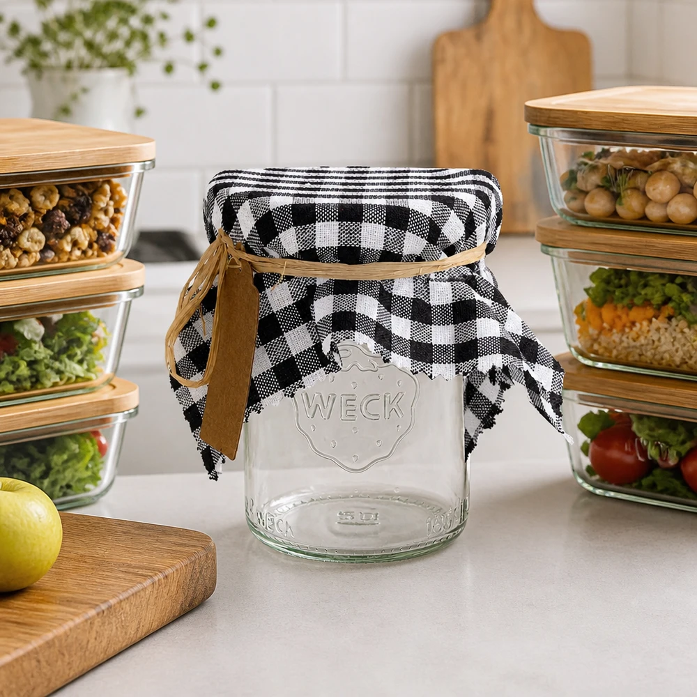 Centrino per gioielli in tessuto a quadretti neri 15 cm quadrati Centrino decorativo a scacchi bianchi e neri su un vaso vuoto tra contenitori Scena di cucina 15 cm quadrati