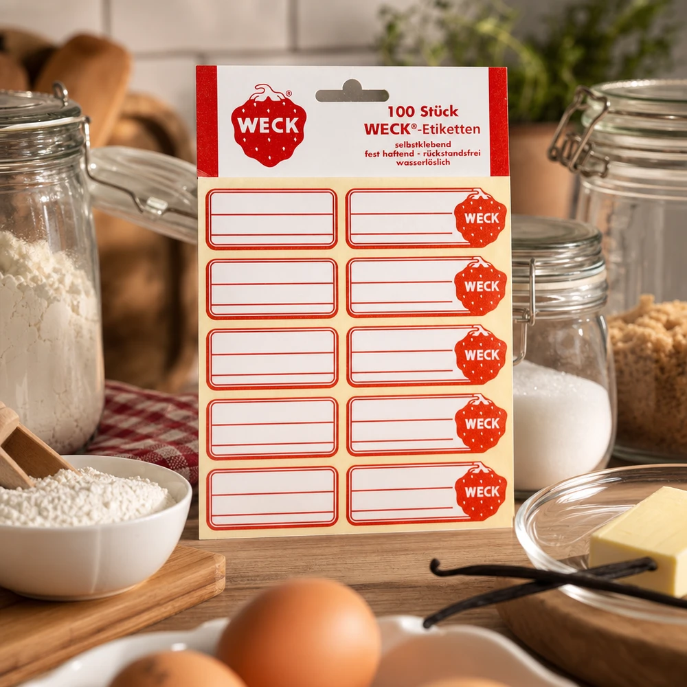 Etichette WECK 19x13 mm (confezione da 100 pezzi) Etichette WECK Confezione da 100 adesivi rossi in cucina con barattoli di conservazione Uova Burro Cereali Ingredienti da forno