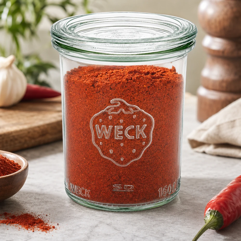 Bocal en verre de 160 ml avec couvercle en verre WECK RR60 WECK Sturzglas 160ml RR60 gefüllt mit rotem Paprikapulver in Küche mit Chili, Knoblauch und Gewürzmühle