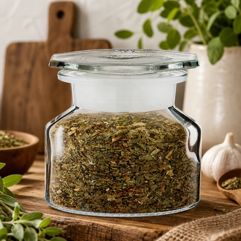 Piccolo barattolo di vetro a collo largo, trasparente, da 50 ml, con origano tritato grossolanamente e un moderno tappo in vetro