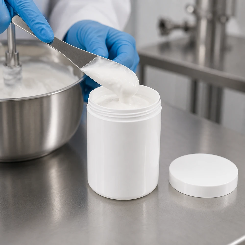 Pot à pommade cylindrique blanc de 800 g en PP, avec couvercle plat à vis et finition en acier inoxydable