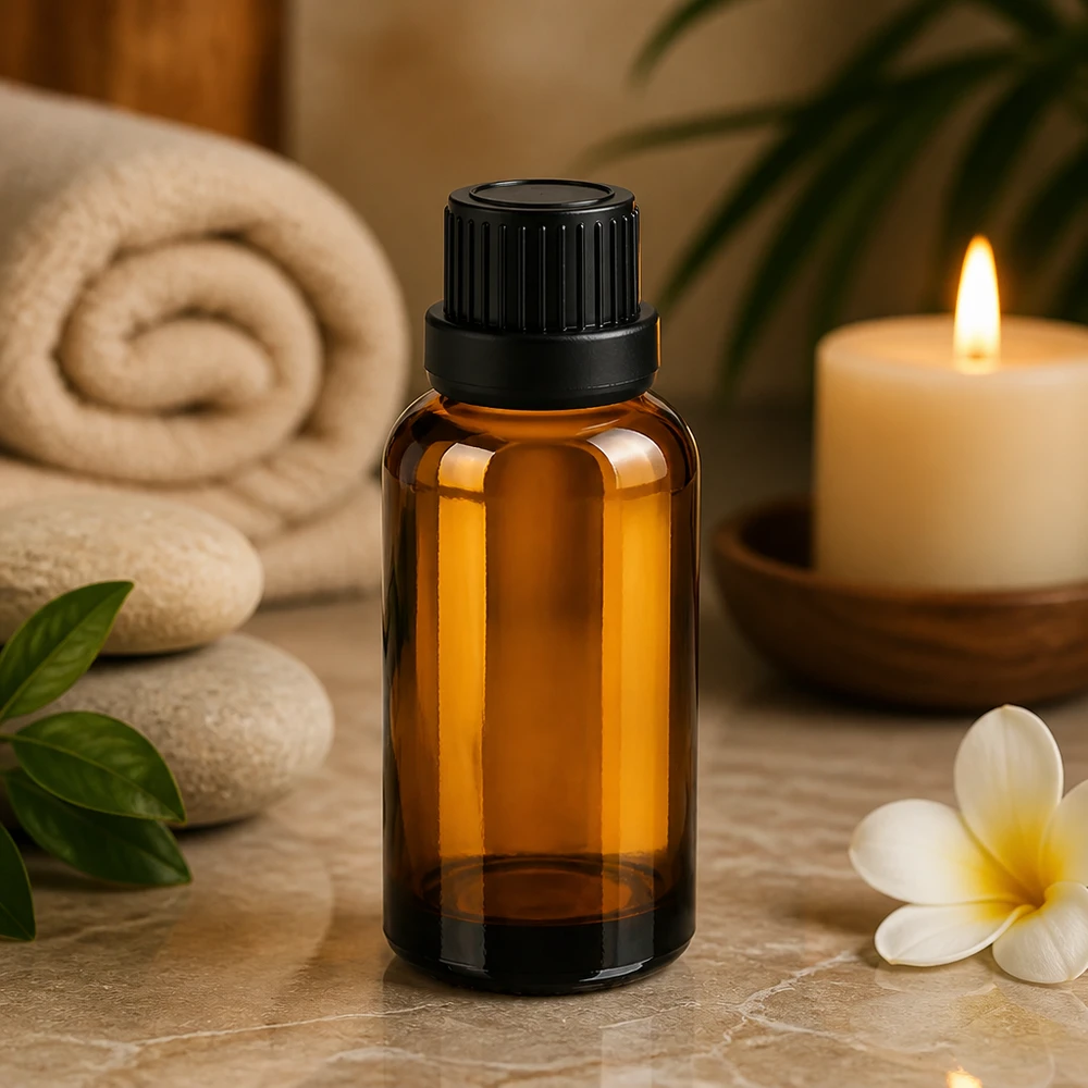 Flacone compatto da 30 ml in vetro ambrato con sistema contagocce nero da 2 mm per uso professionale