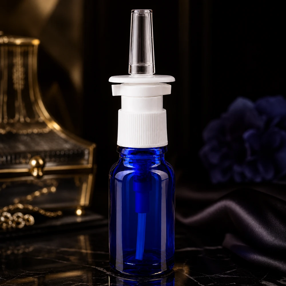 10ml blaue Apotheker-Sprühflasche mit zweiteiligem weißen Nasenspray-Verschlusssystem