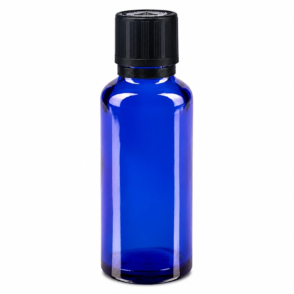 UV-Schutz Apothekerflasche blau 30ml Borosilikatglas mit kindersicherem Schraubverschluss schwarz