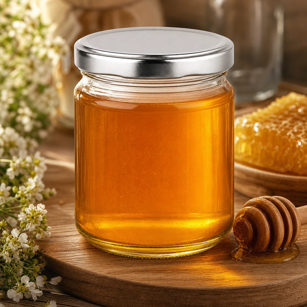 Vaso rotondo da 212 ml con coperchio BasicSeal riempito di miele giallo oro accanto a un favo e a un cucchiaio da miele in legno