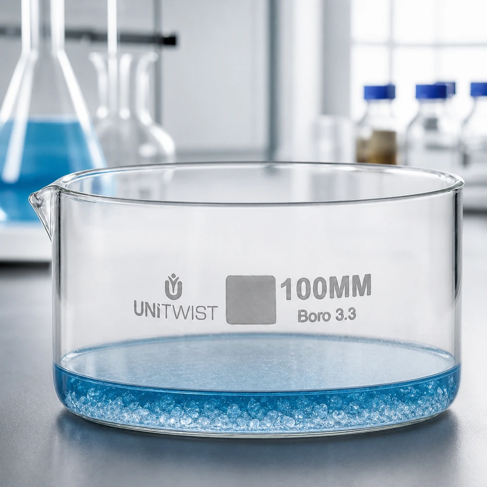 Cristallisoir ø100mm verre borosilicaté UNiTWIST UNiTWIST Coupelle de cristallisation 100 mm, Boro 3.3, forme plate, bord bas, verre de laboratoire transparent