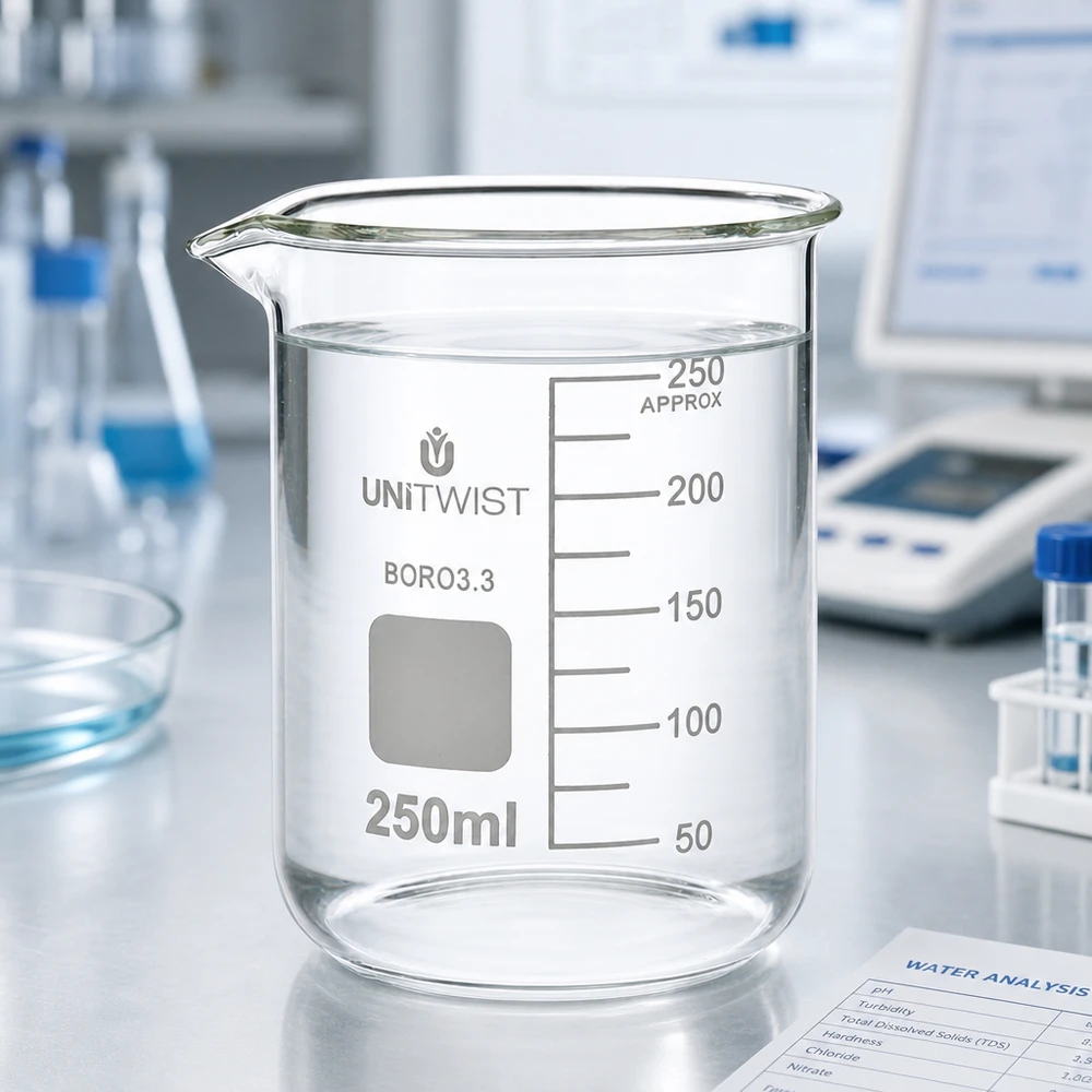 Bicchiere 250ml borosilicato, stampo basso UNiTWIST Bicchiere da laboratorio da 250 ml di forma bassa su una bilancia da laboratorio, con un documento relativo all'analisi dell'acqua sullo sfondo