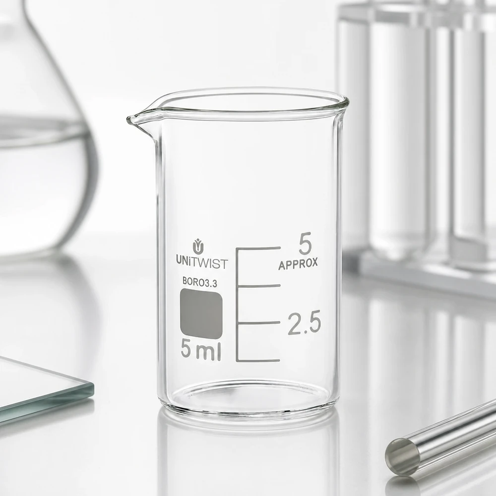 Bicchiere 5ml in borosilicato, forma bassa UNiTWIST Bicchiere di vetro trasparente da 5 ml in borosilicato 3.3, forma bassa con graduazione in millilitri visibile