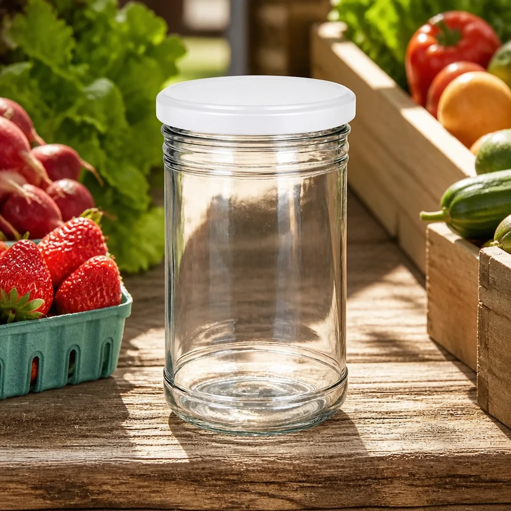 Vaso da 1053 ml vuoto su un tavolo di legno con frutta e verdura fresche mostra un ambiente di cucina ideale per la preparazione e la conservazione dei pasti.