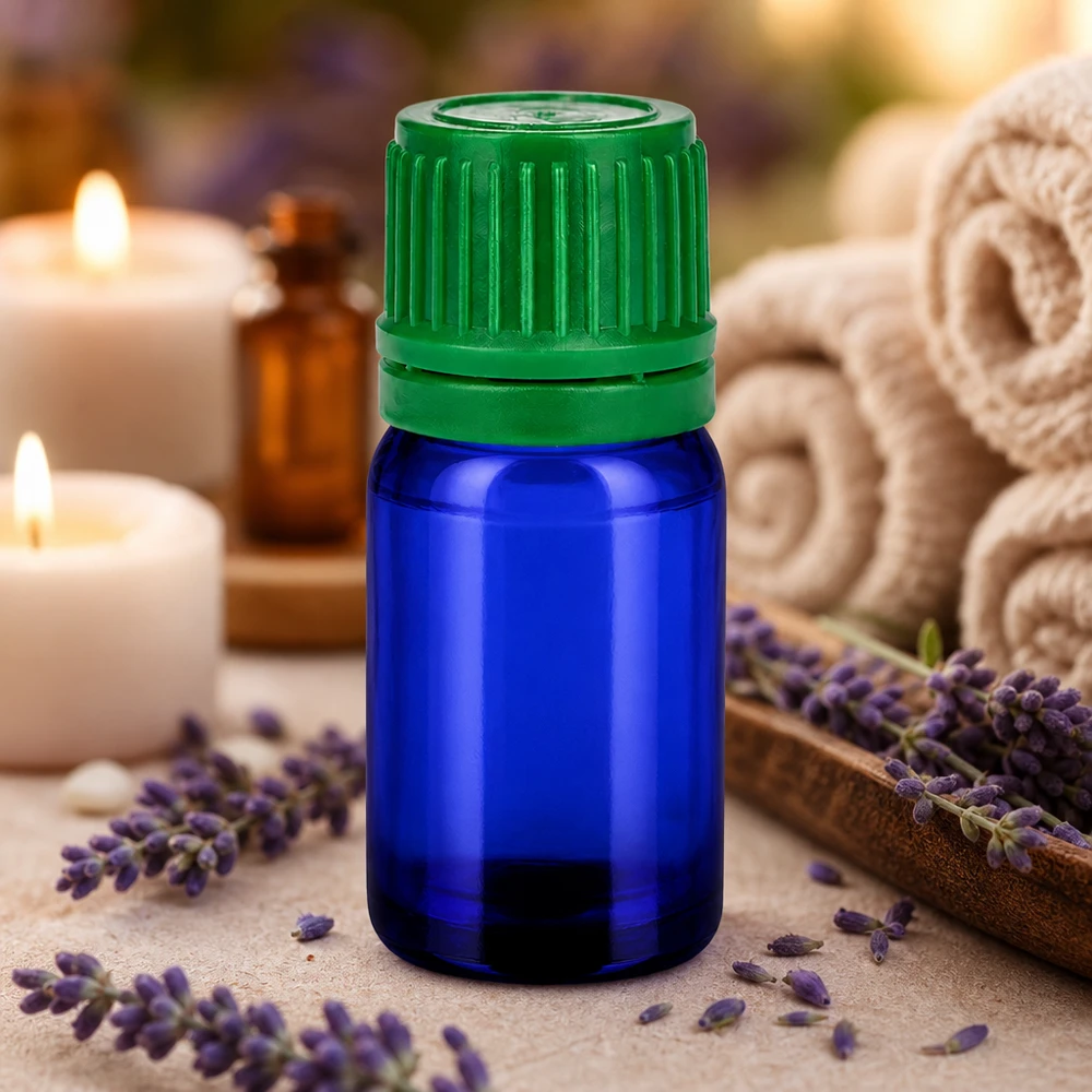 Flacone blu cobalto da 5 ml con tappo verde ergonomico per una facile manipolazione