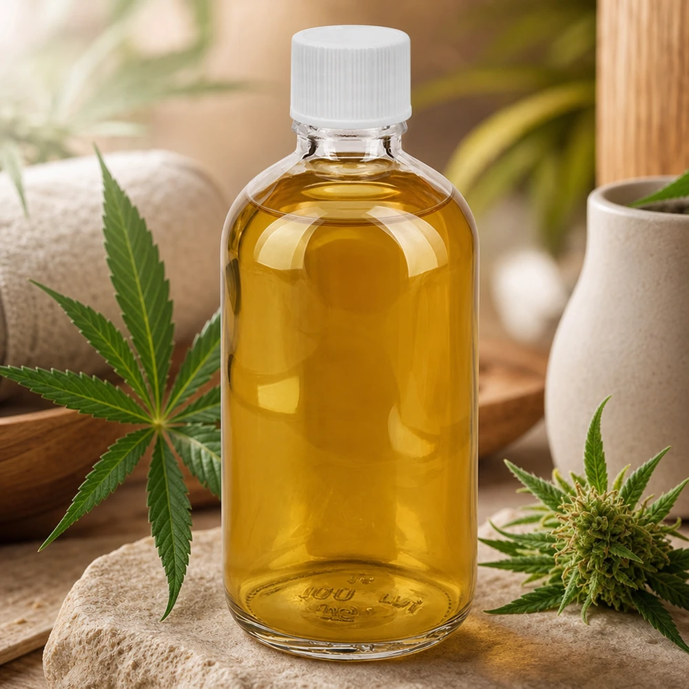 Olio di CBD in flacone di vetro trasparente da 100 ml con tappo di sicurezza bianco da 11 mm SV ClearLine