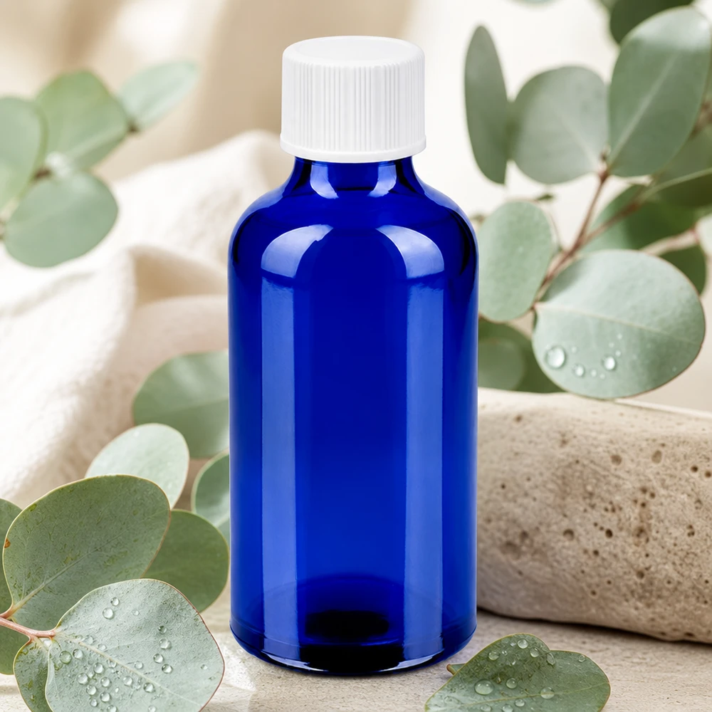 Flacone in vetro da 50 ml della serie BlueLine con protezione UV e coperchio bianco a prova di perdite