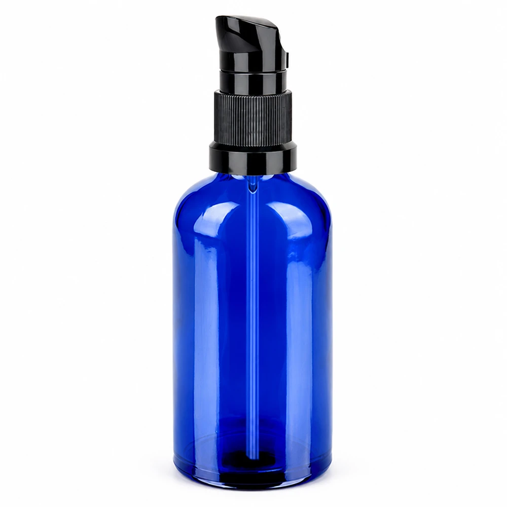Flacone a pompa da 100 ml in vetro blu con dosatore a pompa nero per cosmetici e prodotti per la cura della persona