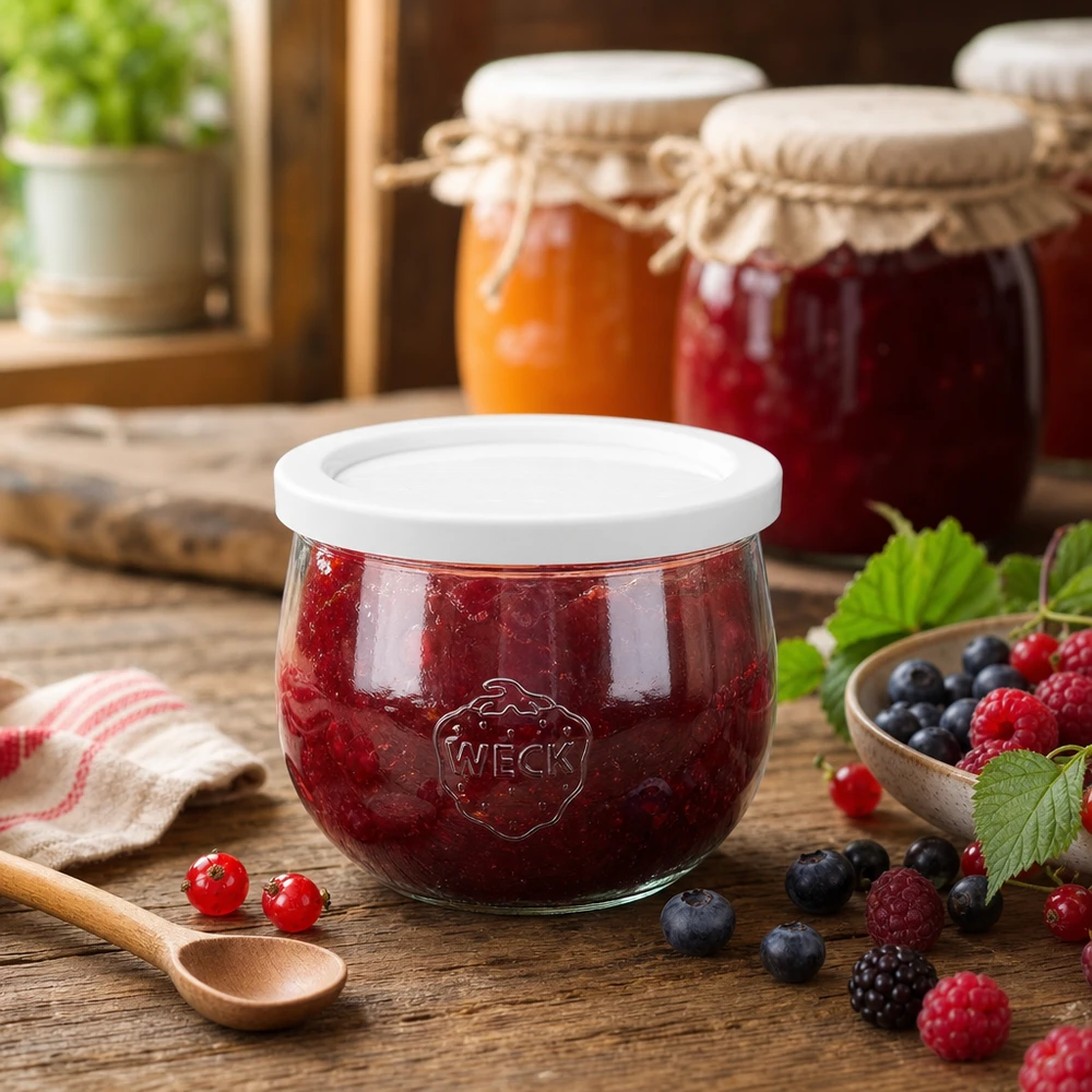 Vasetto a tulipano da 580 ml con coperchio salvafreschezza WECK RR100 Vaso a tulipano WECK 580ml RR100 riempito di marmellata di frutti di bosco in cucina rustica con frutta fresca e barattoli da conserva