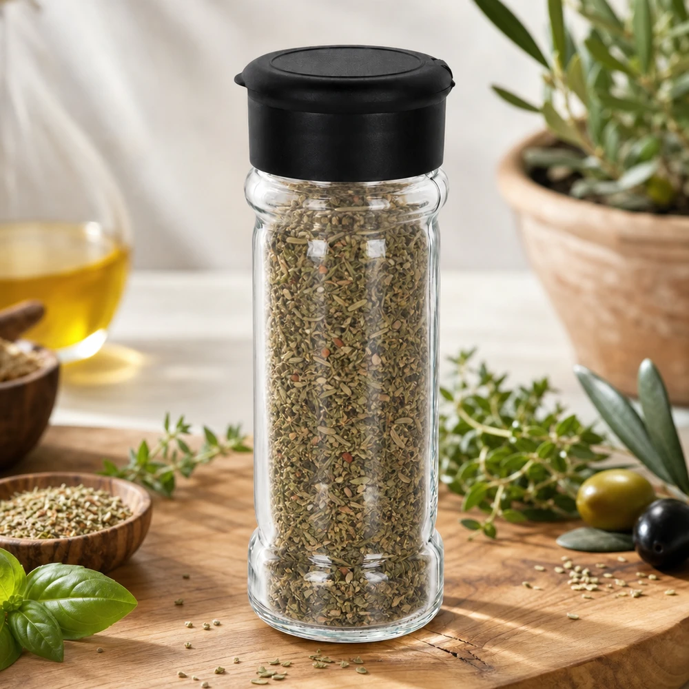 Pot à sel/épices 100 ml avec saupoudreuse, noir Kompaktes Kräuterstreuer-Glas 100ml aus Glas mit mattschwarzem Deckel auf Holzunterlage