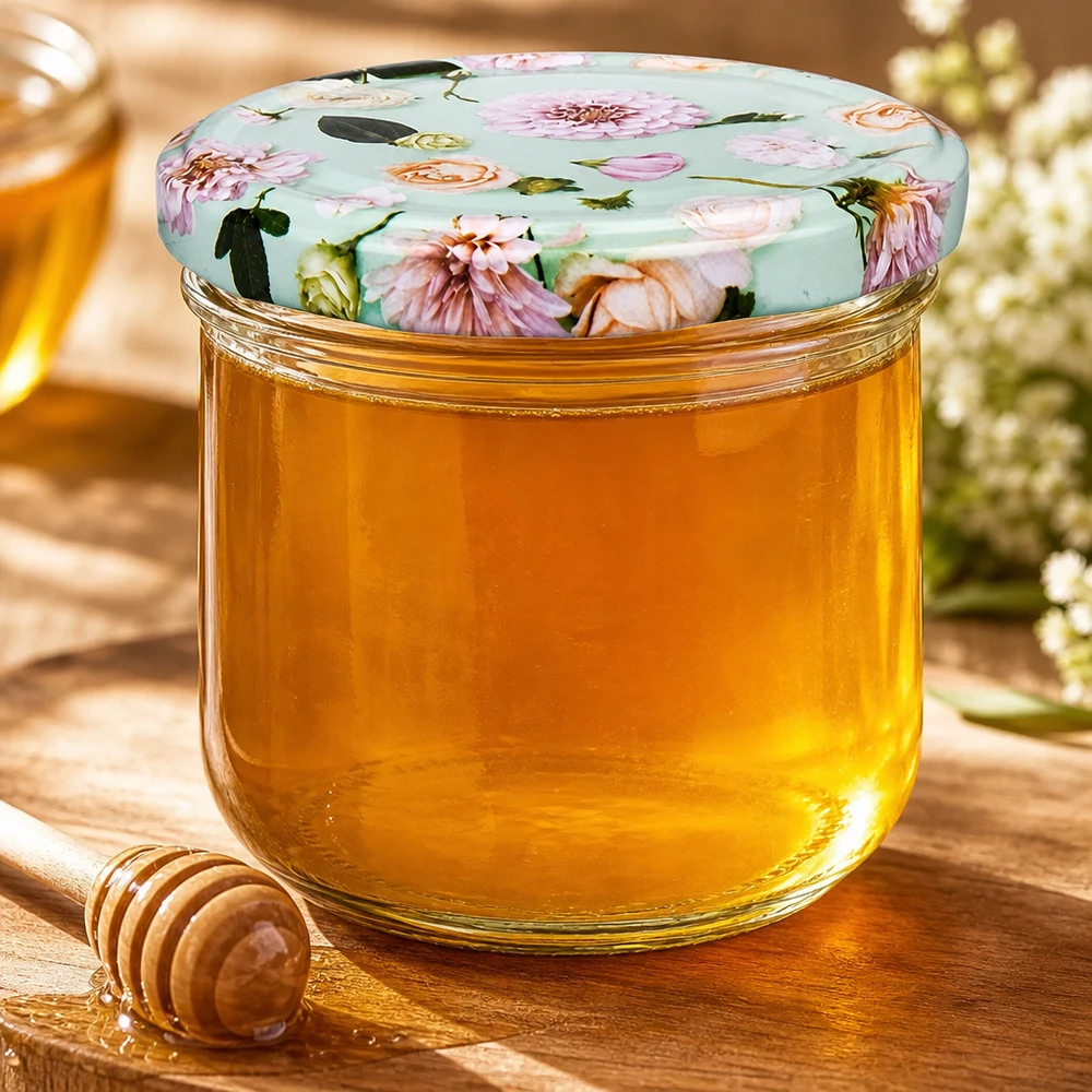 260ml Sturzglas + BasicSeal Deckel Blume mint UNiTWIST 260ml Sturzglas mit BasicSeal Blumendeckel mint gefüllt mit goldenem Honig, Honiglöffel aus Holz daneben