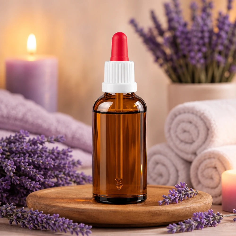 Flacon compact en verre brun de 50 ml avec bouchon à pipette pour les applications aromathérapeutiques