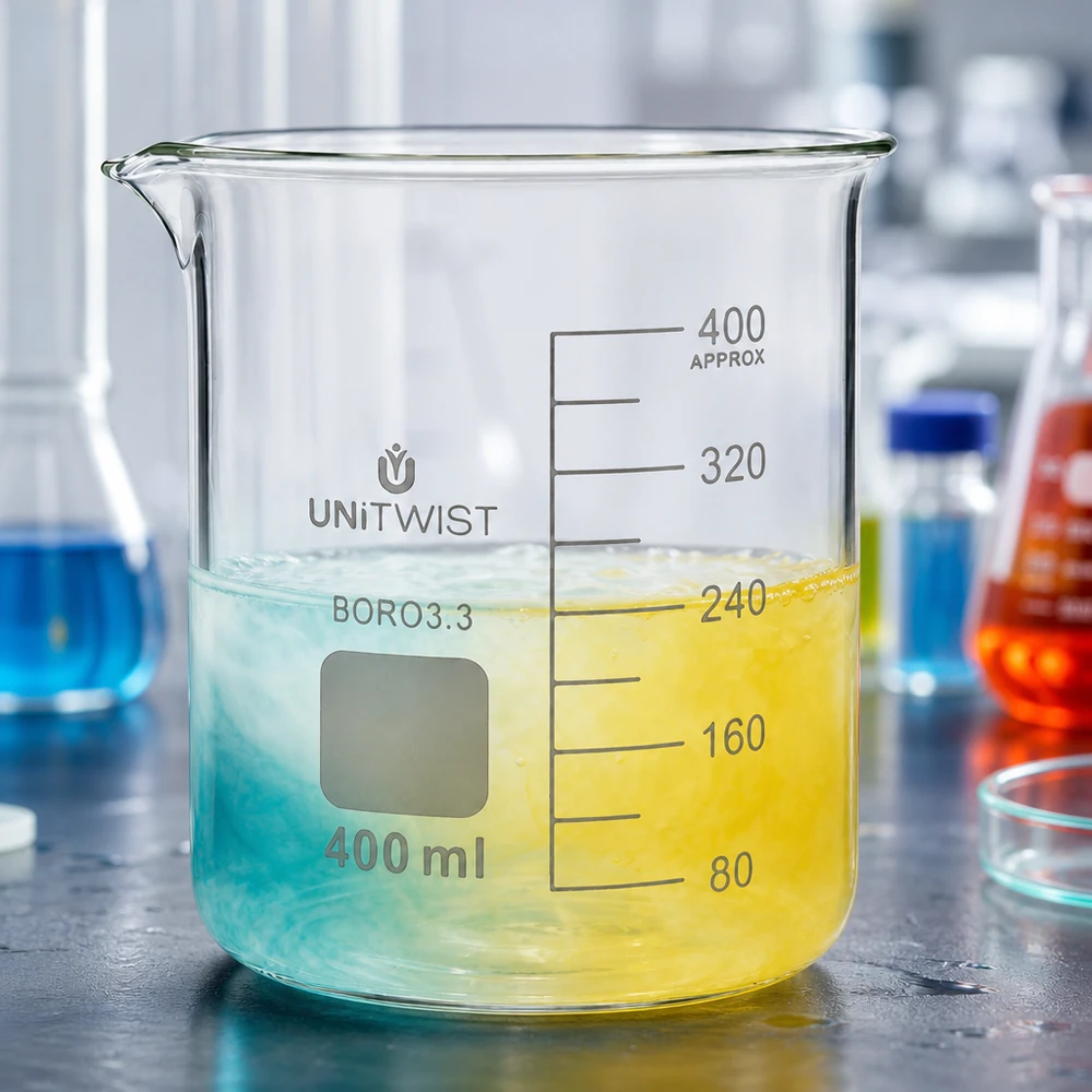 Bicchiere 400ml borosilicato, stampo basso UNiTWIST Bicchiere da laboratorio UNiTWIST da 400 ml in borosilicato con liquido colorato in blu e giallo