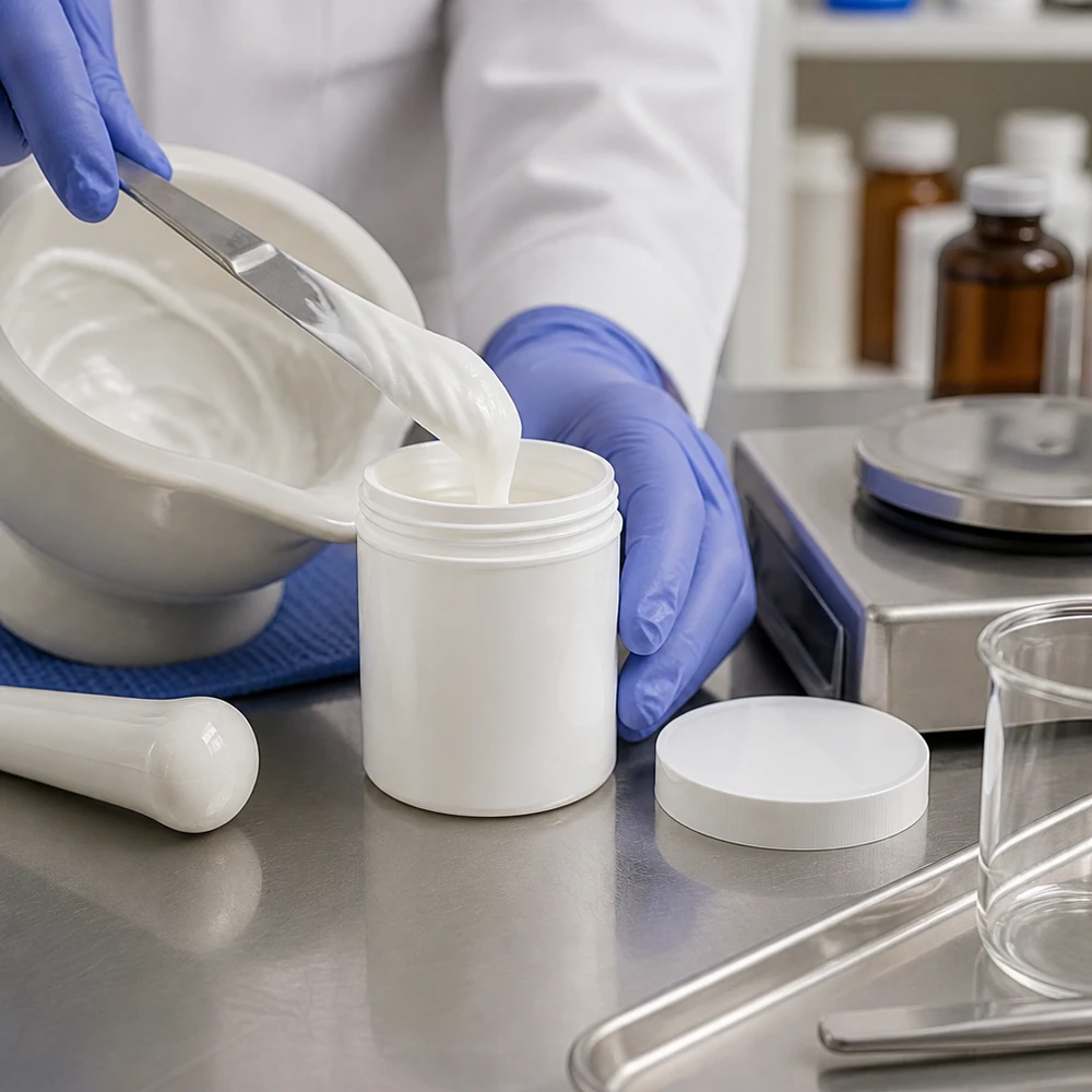 Récipient en plastique PP blanc de 500 g pour crèmes et pommades, à utiliser avec un mortier et du matériel de laboratoire