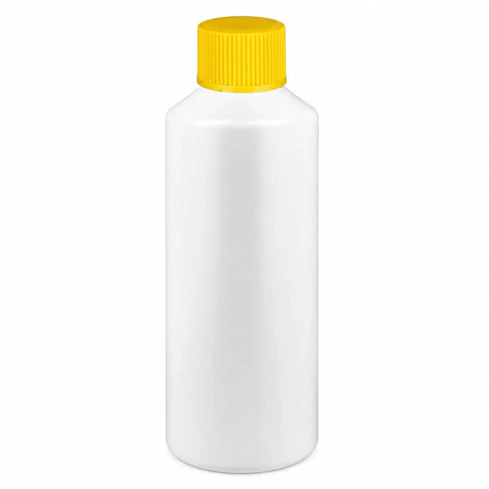 Zylindrische Kunststoffflasche 100ml weiß mit gelbem Sicherheitsverschluss