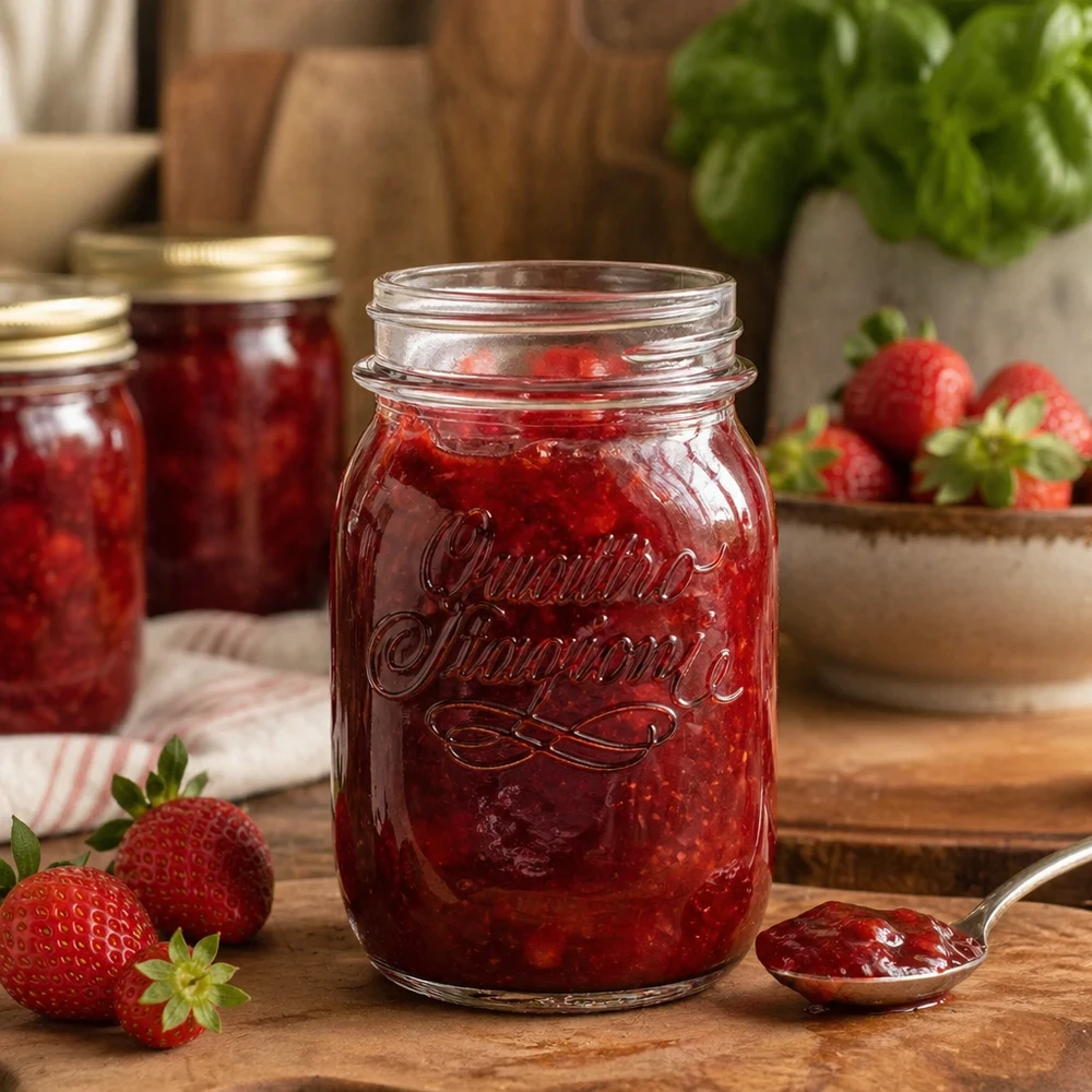 Barattolo casalingo Quattro Stagioni da 500 ml pieno di marmellata di fragole su un tavolo di legno con fragole fresche