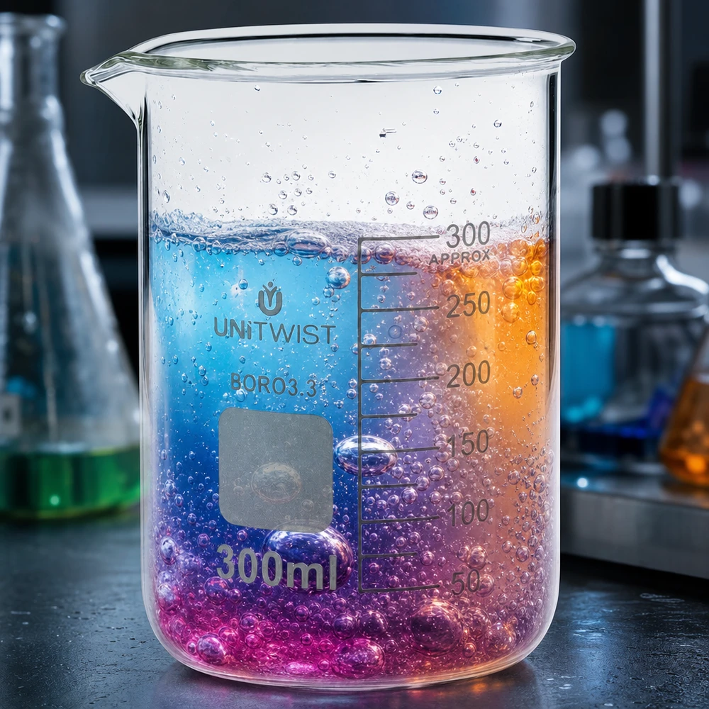 Bicchiere 300ml borosilicato, stampo basso UNiTWIST Bicchiere da laboratorio UNiTWIST da 300 ml con sfumatura colorata che va dal rosa al viola fino all'arancione