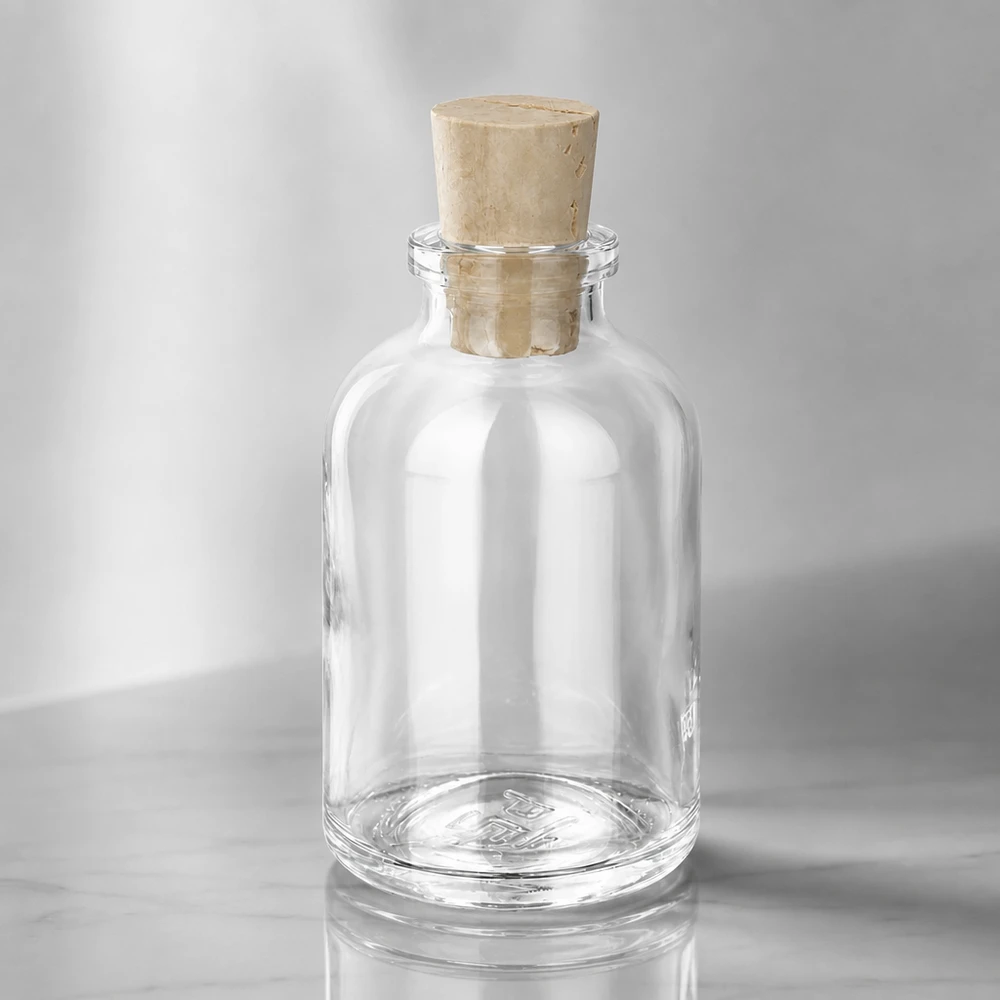Bottiglia in vetro trasparente da 50 ml con tappo in sughero da 11/14 mm Hochwertige Glasflasche 50ml mit luftdichtem Korken 11/14mm seitliche Ansicht