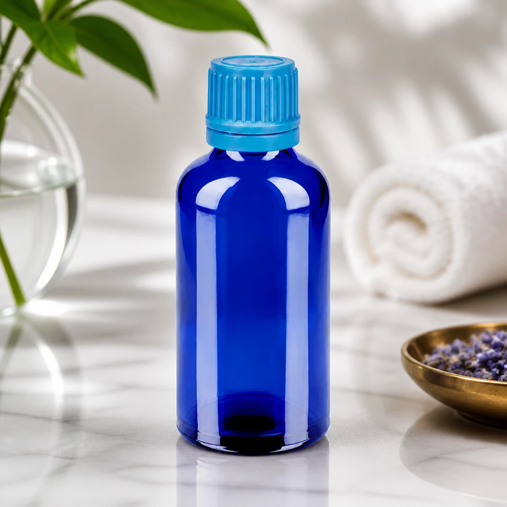 50ml Flasche 11mm Schraubverschluss blau Originalitätsverschluss BlueLine UT18/50 50ml Qualitätsflasche aus dickem blauen Glas mit auslaufsicherem Verschlusssystem BlueLine