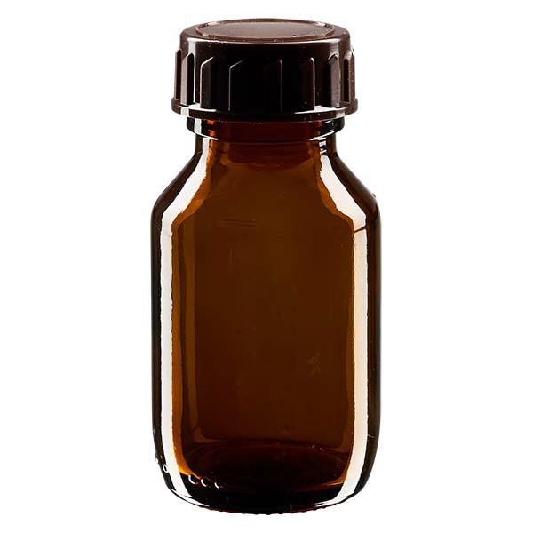 Flacone per medicinali da 50ml marrone, con tappo marrone ApoGlas Flacone per medicinali da 50ml marrone, con tappo marrone ApoGlas