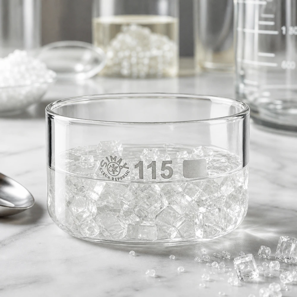 SIMAX Glasschale 115mm Durchmesser niedrige Bauform mit körnigem Kristallinhalt im Laborset