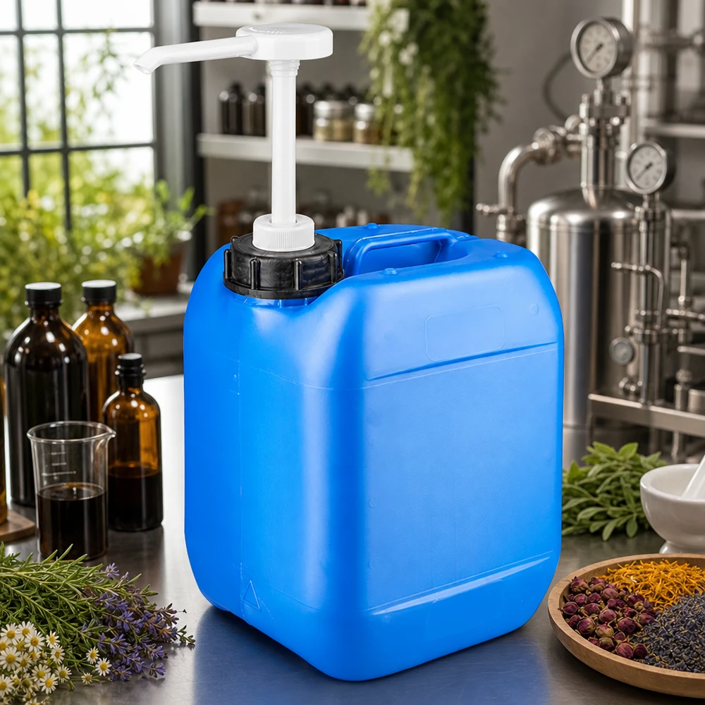 Kanister 5 Liter mit schwarzem Deckel und weißer Pumpe in botanischer Manufaktur
