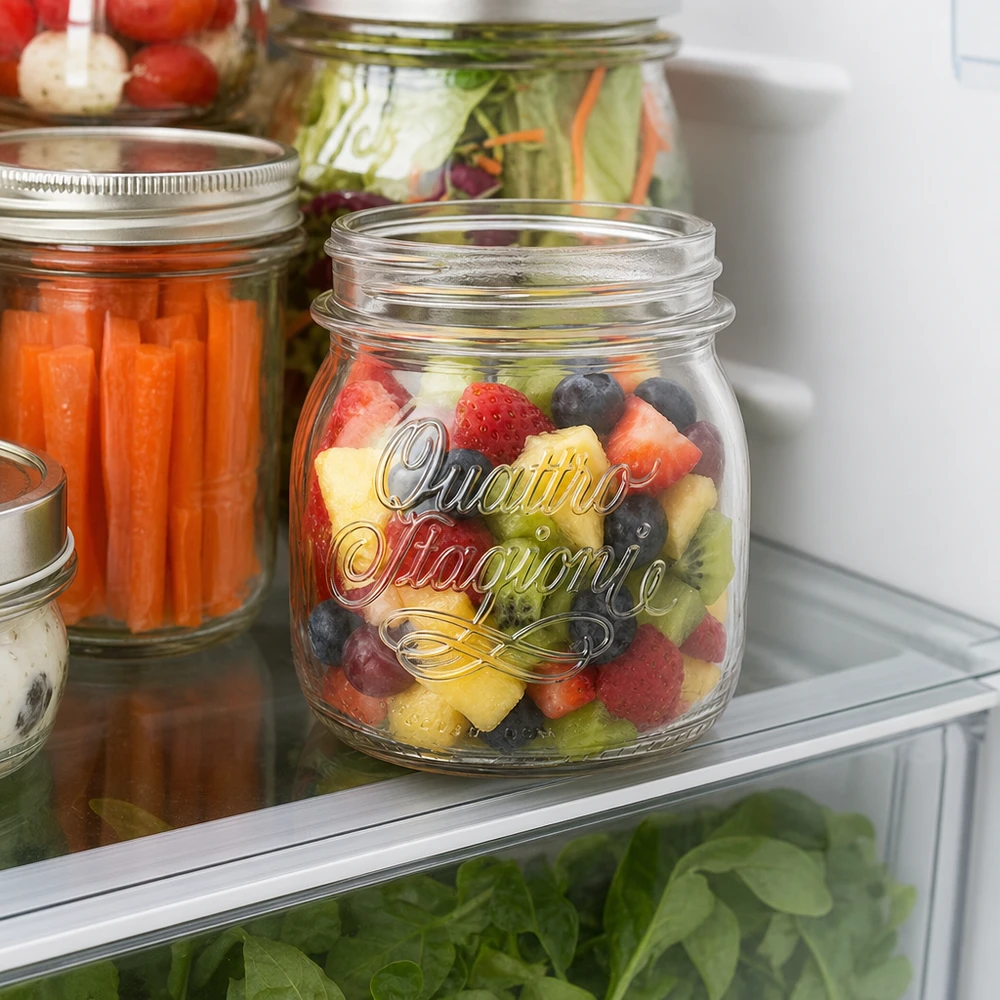 250ml Rundglas "Quattro Stagioni" QS70mm 250ml Quattro Stagioni Einmachglas mit buntem Obstsalat im Kühlschrank - perfekt für Meal Prep und Vorratshaltung