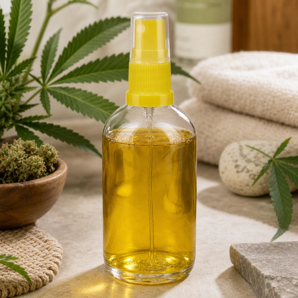 Flacone spray giallo ClearLine UT18 da 100 ml riempito con olio di cannabis su pietra naturale